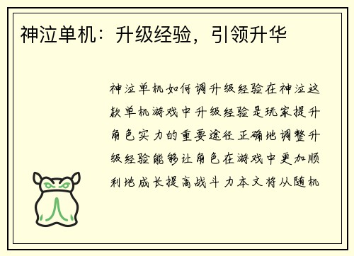 神泣单机：升级经验，引领升华